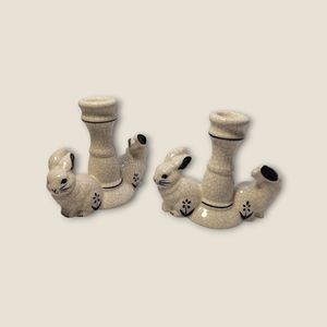 Pair Of Dedham Pottery Bunny Rabbit Candlestick Holders